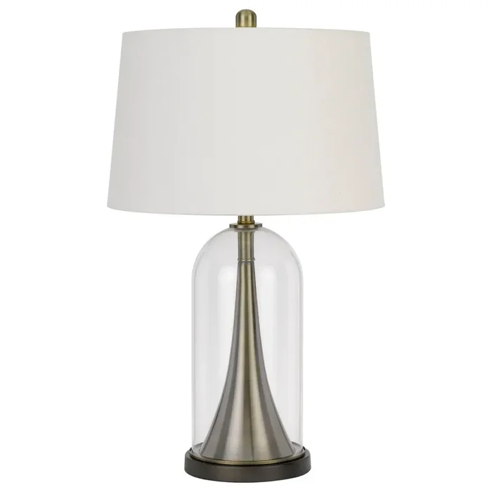 150W 3 WAY CAMARGO GLASS/METAL TABLE LAMP WITH HARDBACK TAPER DRUM FABRIC SHADE