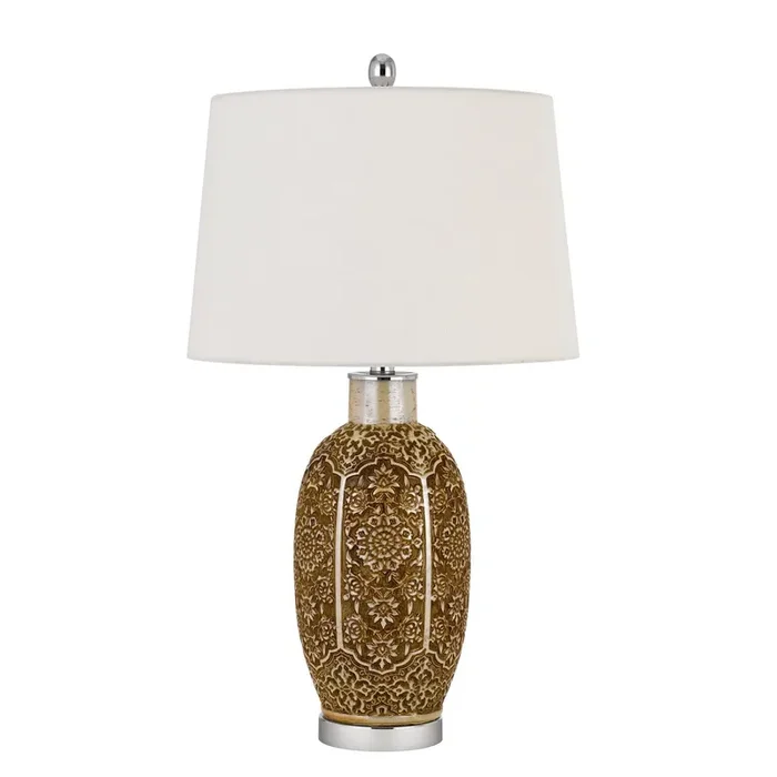 150W 3 WAY OLIVE CERAMIC TABLE LAMP WITH HARDBACK TAPER FABRIC DRUM SHADE