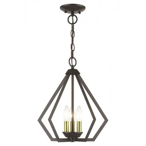 3 Light English Bronze Semi-Flush / Small Pendant with Antique Brass Finish Accents