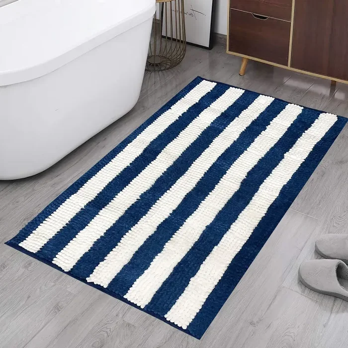 36″x24″ – Blue White Stripe Soft Cozy Plush Chenille Bath Mat Bathroom Rug
