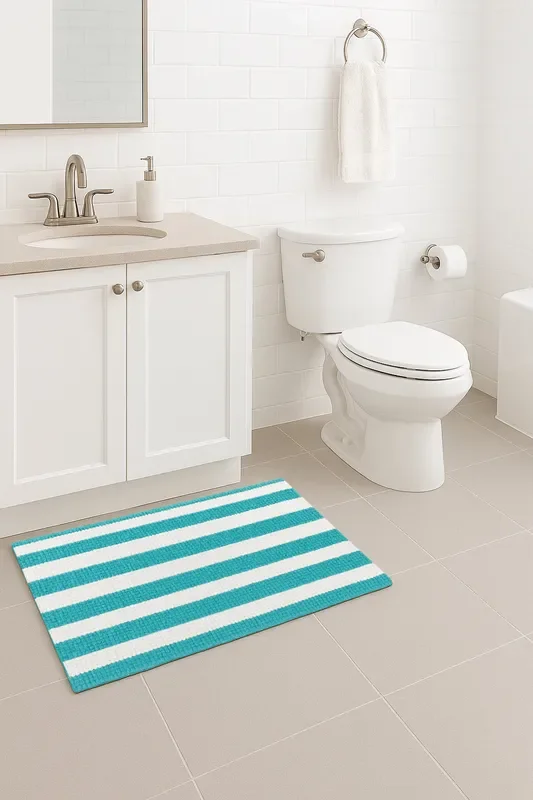 47″x27″ – Light Blue White Stripes Soft Cozy Plush Chenille Bath Mat Bathroom Rug