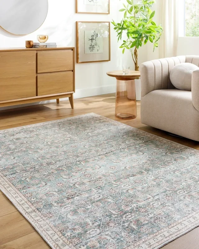 Alvin Blue Traditional Washable Area Rug