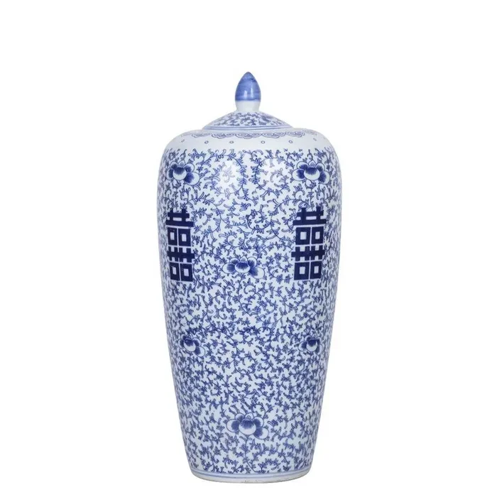 B&W Floral Double Happiness Tall Ginger Jar