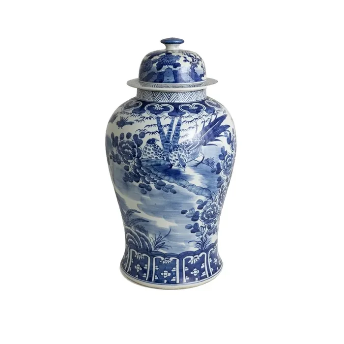 B&W Temple Jar Blossom Garden With Birds