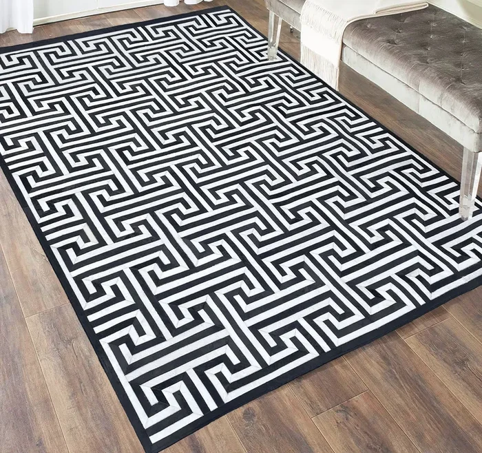 Black & White Patchwork Leather Cowhide Cow Skin Modern Geometric Handmade Area Rug