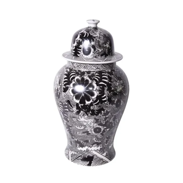Dragon & Floral Motif Temple Jar, Black