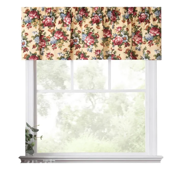 Ellis Bella Rose Stylish Medium Scale Printed Floral Pattern 1.5″ Rod Pocket Tailored Valance for Windows 58″x15″ Butter