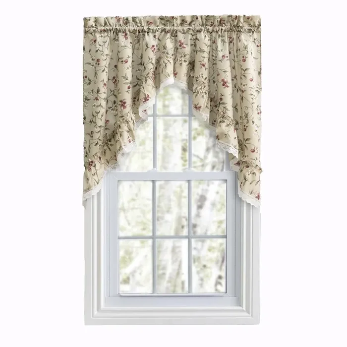 Ellis Curtain Cherries Ruffled 1.5″ Rod Pocket Swag for Windows Lace Edge 58″ x 36″ Natural
