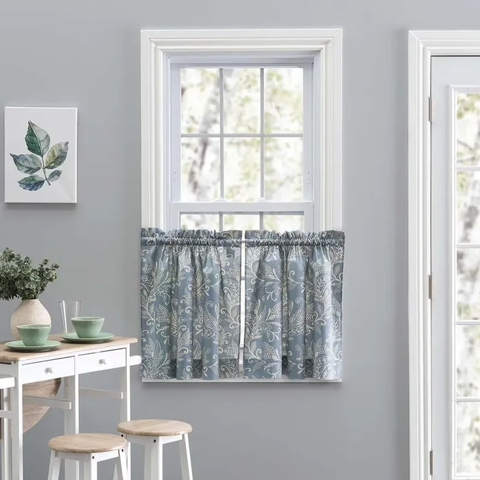 Ellis Curtain Lexington Leaf Pattern on Colored Ground Curtain Tiers Blue