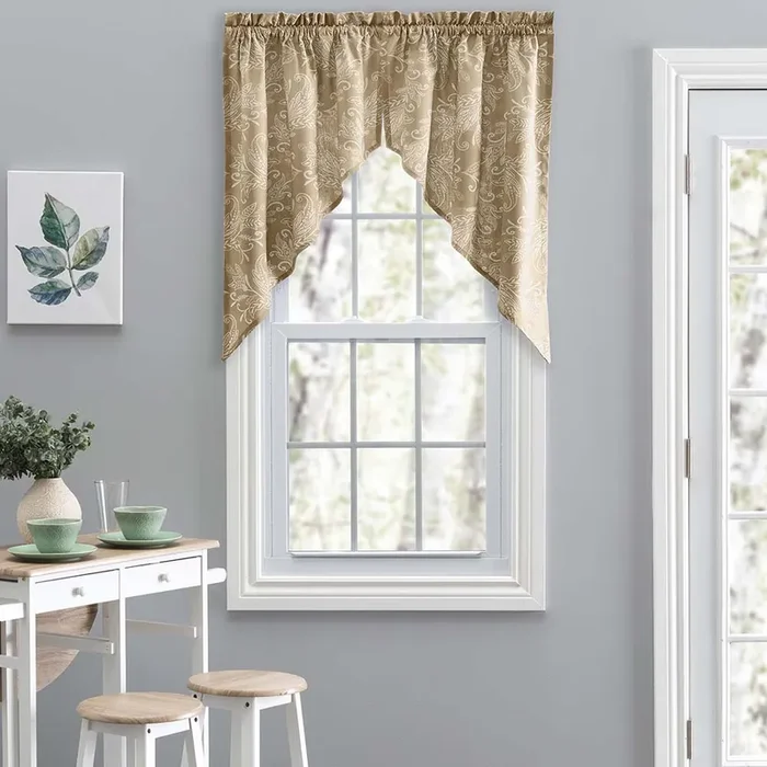 Ellis Curtain Lexington Leaf Pattern on Colored Ground Tailored Swags 56″x36″ Tan