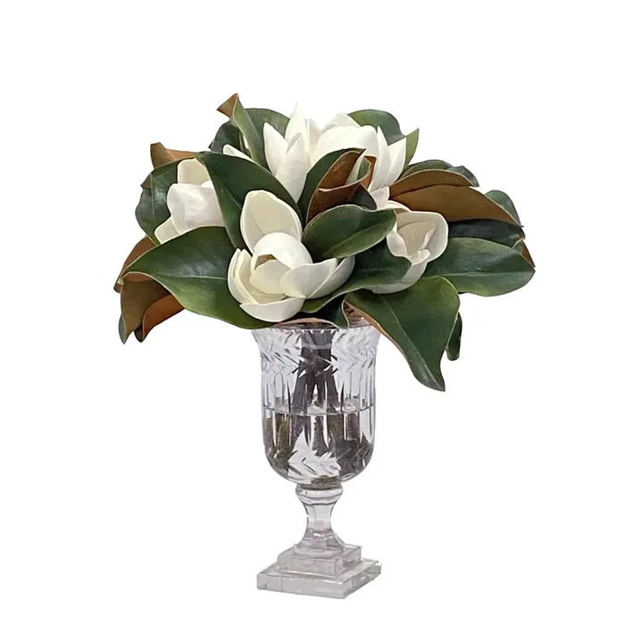 Faux Magnolia Floral Arrangement in Stripe Vase 14”