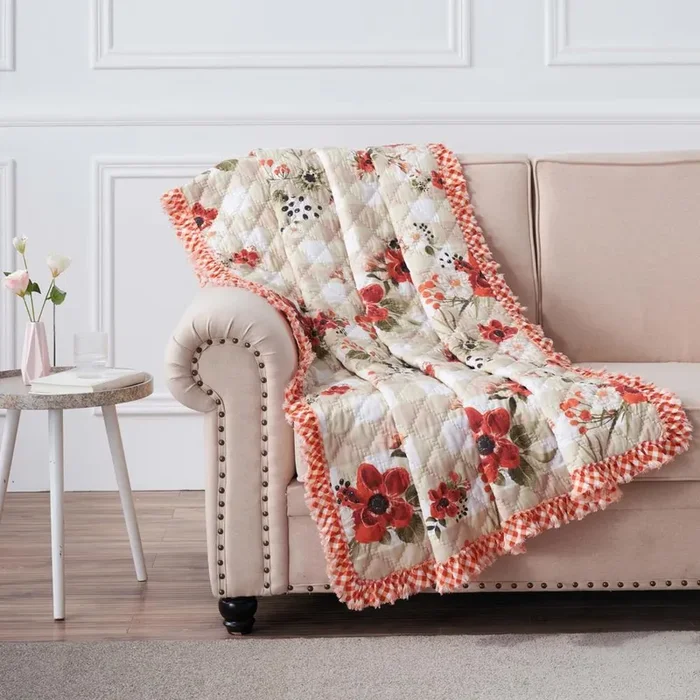 Greenland Home Wheatly Farmhouse Gingham Quilted Throw, 50×60-inch, with Ruffle Trim