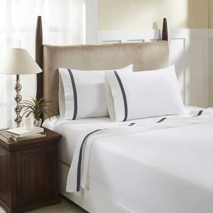 Hotel Concepts 500 Thread Count Deep Pocket Tonal Cotton Sateen Sheet – 4 Piece Set – White/Gray