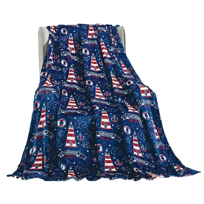 Plazatex Lighthouse plush Decorative Machine Washable Throw 50″ X 60″ Blue