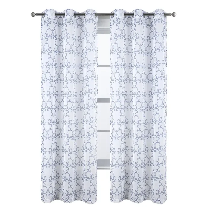 RT Designers Collection Crown Grommet Sheer Metallic Printed Doily Curtain Panel Blue