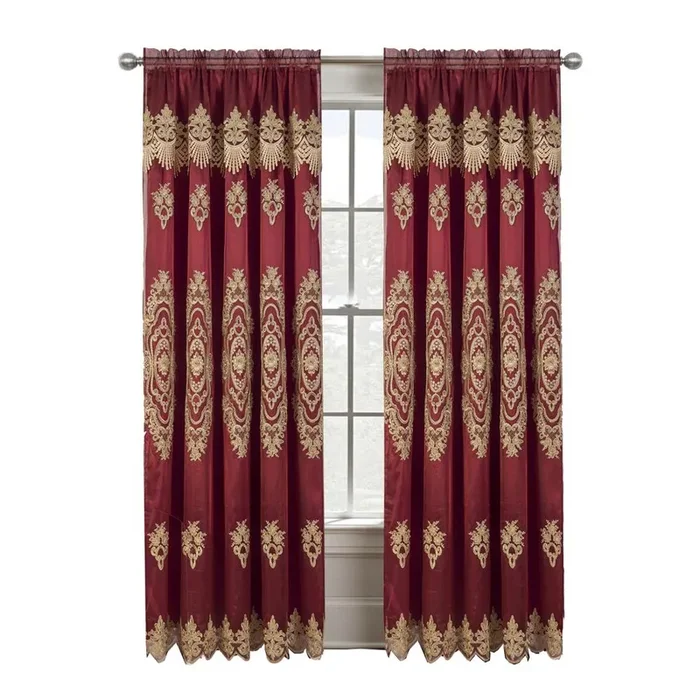 RT Designers Collection Dayton Emb Attached Valance Backing Blackout Window Curtains 50″ x 84″ Burgundy/Gold
