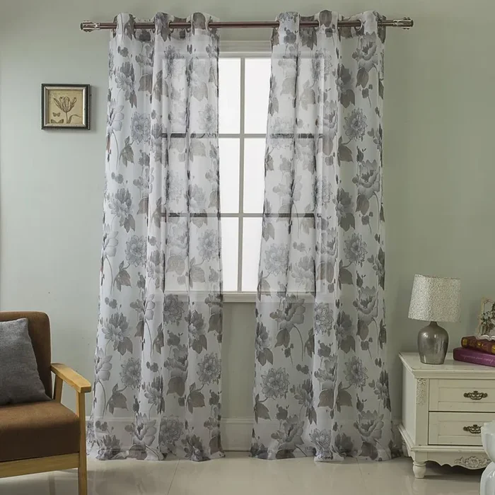 RT Designers Collection Milan Floral 2-Piece Window Panel With 6 Matte Silver Grommet 76×84 Silver