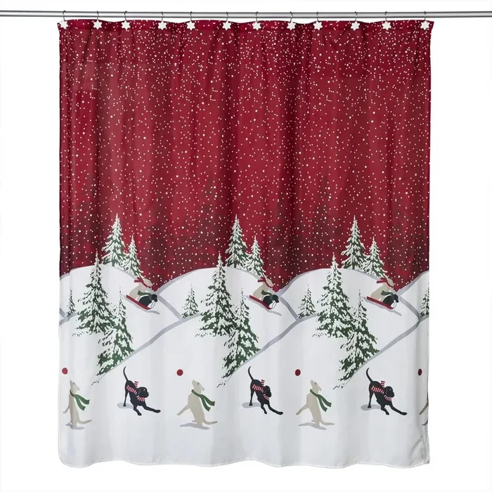 SKL Home Saturday Knight Ltd Winter Dogs Shower Curtain And Hook Set – 72×72″, Red