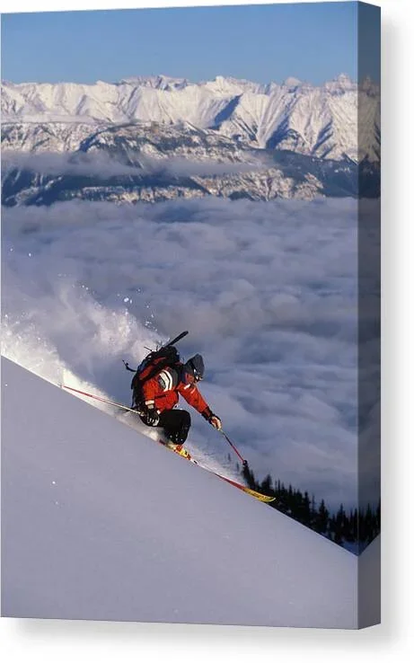 Young Man Skis Fresh Powder In Golden Canvas Print