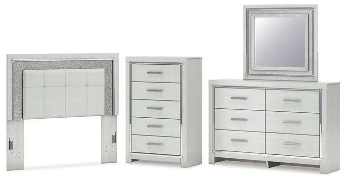 Zyniden Full Upholstered Panel Headboard with Mirrored Dresser and Chest
